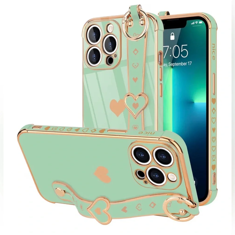 iPhone 13 Pro Mint Green & Gold Heart Phone Case with stand and ring attachments